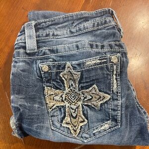 Miss Me Distressed Blue Jeans with Embroidered Cross